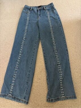 Fashion Nova Blue Stud-Trim Wide Leg Jeans